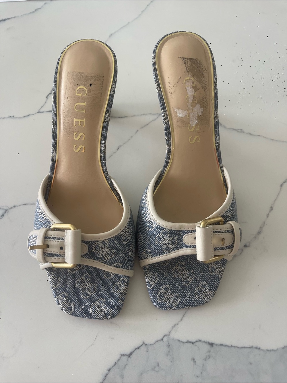 GUESS Blue Denim Logo Buckle Mules with White Trim Luke New size 7